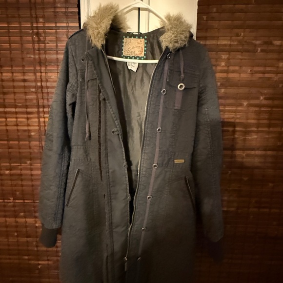 Women's Billabong Gray Hooded Jacket with Faux Fur Trim size M - Picture 2 of 7